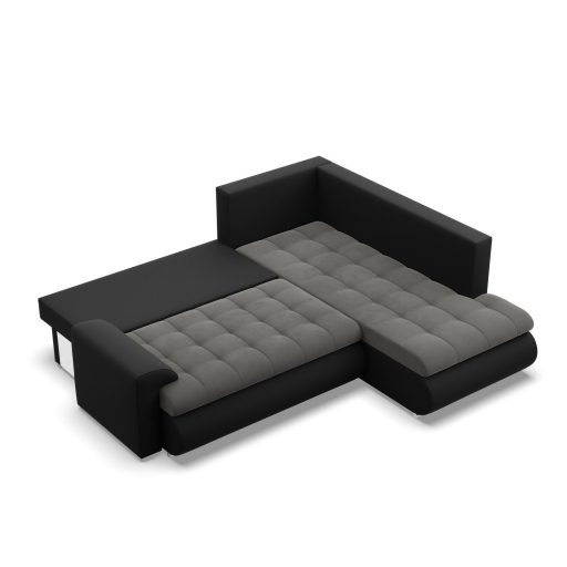 Tokio sarokkanapé, L alakú háttámlával, 2 ágyneműtartóval, bársony + műbőr, jobboldali, szürke - fekete