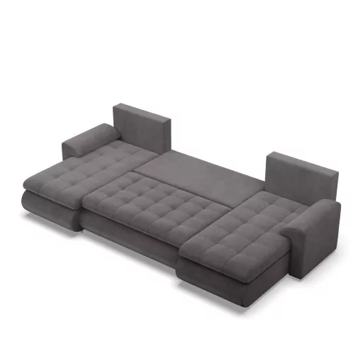 Tokio U alakú sarokkanapé, 3 ágyneműtartóval, kordbársony, univerzális oldal, szürke