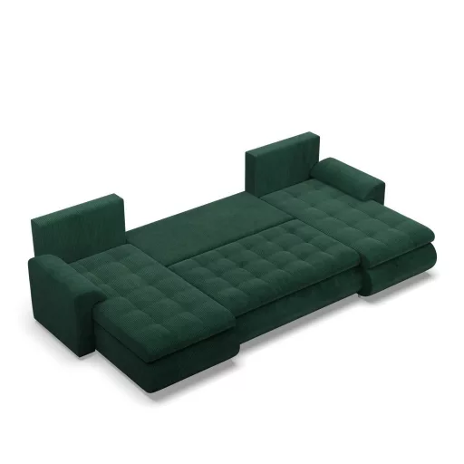 Tokio U alakú sarokkanapé, 3 ágyneműtartóval, kordbársony, univerzális oldal, zöld
