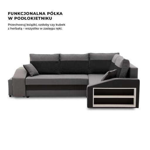 Grande sarokkanapé polcokkal és puffokkal , polc a jobb karfaban puffok a bal karfaban,  jobboldali, szövet anyag, hab töltet,  szürke - fekete 