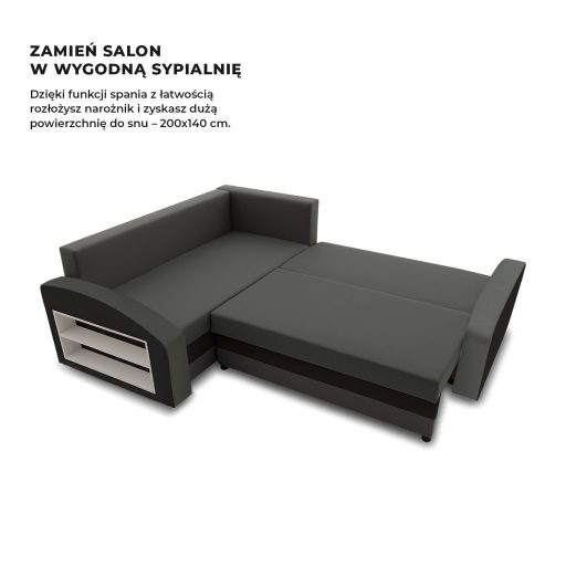 Grande sarokkanapé polcokkal , polc a bal karfaban,  baloldali, szövet anyag, hab töltet,  szürke - fekete 