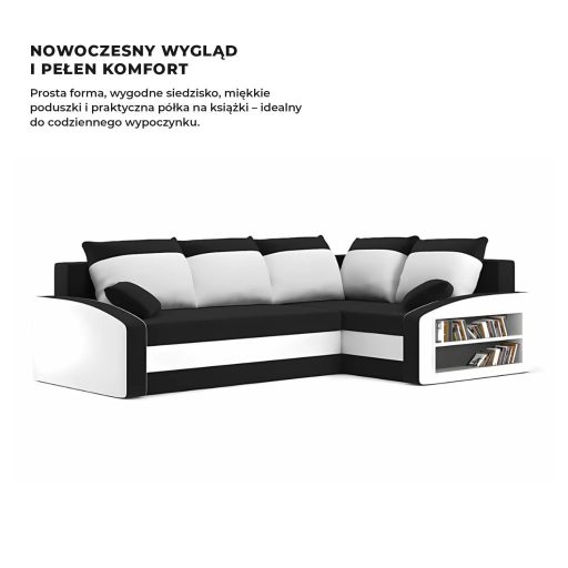 Grande sarokkanapé polcokkal , polc a jobb karfaban,  jobboldali, szövet anyag, hab töltet, fekete - fehér