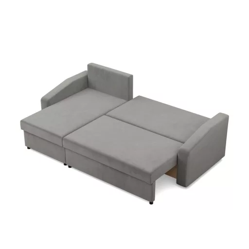 Zeus sarokkanapé, 2 ágyneműtartóval, döntött kartámasz, bársony, univerzális oldal, bonell töltet, világosszürke