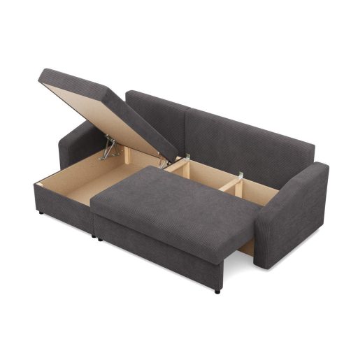 Zeus sarokkanapé, 2 ágyneműtartóval, döntött kartámasz, kordbársony, univerzális oldal, bonell töltet, szürke 