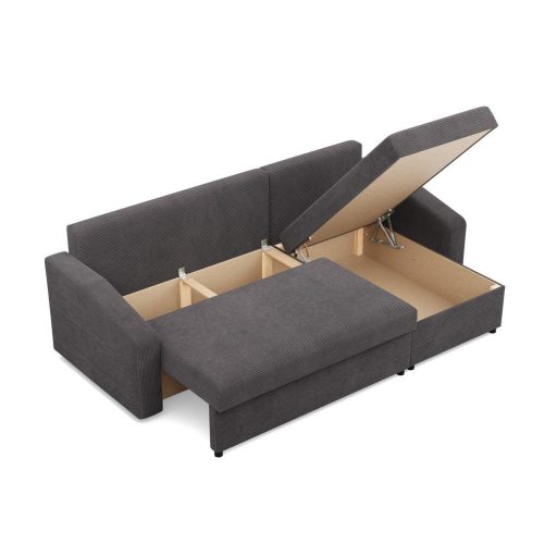 Zeus sarokkanapé, 2 ágyneműtartóval, döntött kartámasz, kordbársony, univerzális oldal, bonell töltet, szürke 