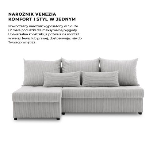 Venezia sarokkanapé, 3 ágyneműtartóval, kordbársony, univerzális oldal, hab töltet, szürke