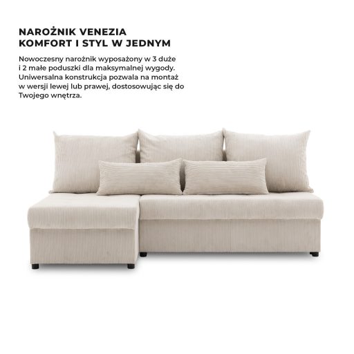Venezia sarokkanapé, kordbársony, univerzális oldal, bonell töltet, bézs