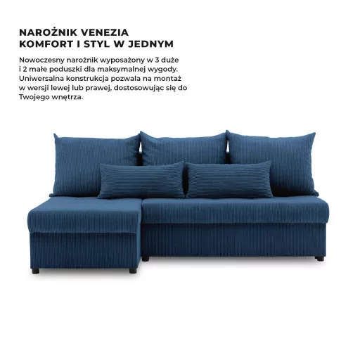 Venezia sarokkanapé, kordbársony, univerzális oldal, bonell töltet, kék