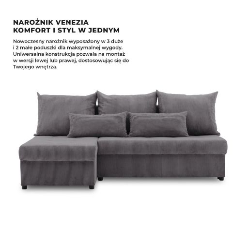 Venezia sarokkanapé, kordbársony, univerzális oldal, bonell töltet, szürke 