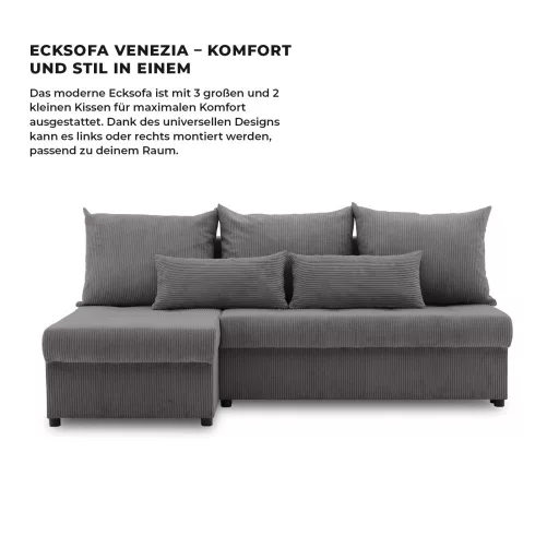Venezia sarokkanapé, kordbársony, univerzális oldal, bonell töltet, szürke