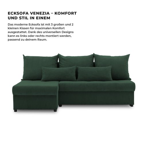 Venezia sarokkanapé, kordbársony, univerzális oldal, bonell töltet, zöld