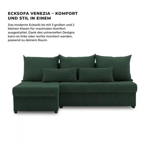 Venezia sarokkanapé, kordbársony, univerzális oldal, bonell töltet, zöld