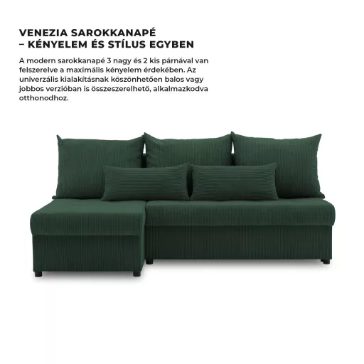 Venezia sarokkanapé, kordbársony, univerzális oldal, bonell töltet, zöld