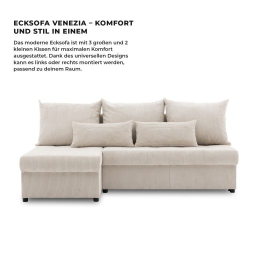 Venezia sarokkanapé, kordbársony, univerzális oldal, hab töltet, bézs