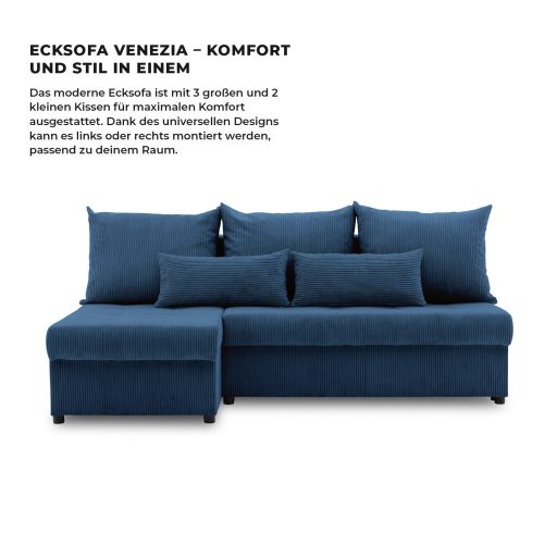 Venezia sarokkanapé, kordbársony, univerzális oldal, hab töltet, kék
