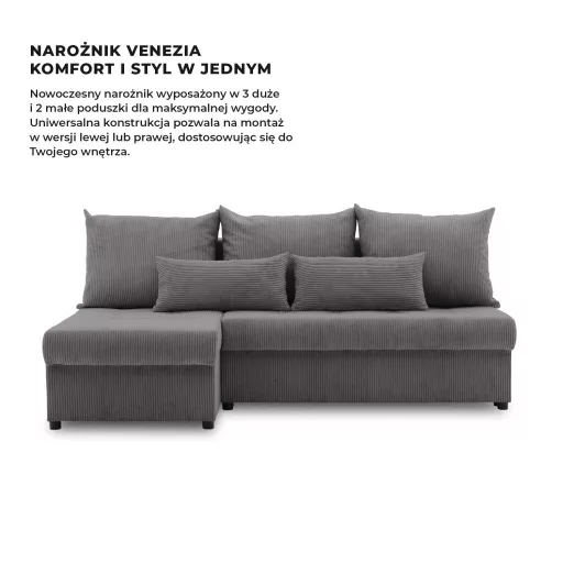 Venezia sarokkanapé, kordbársony, univerzális oldal, hab töltet, szürke