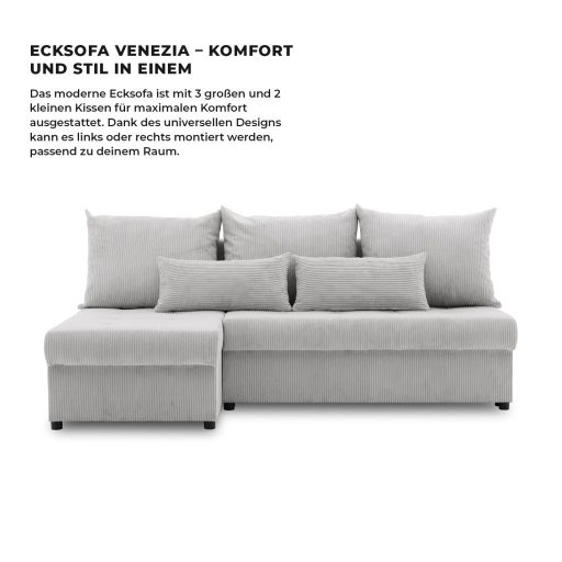 Venezia sarokkanapé, kordbársony, univerzális oldal, hab töltet, szürke