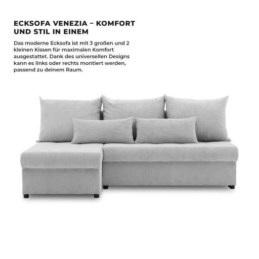 Venezia sarokkanapé, kordbársony, univerzális oldal, hab töltet, szürke