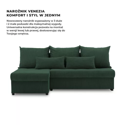 Venezia sarokkanapé, kordbársony, univerzális oldal, hab töltet, zöld