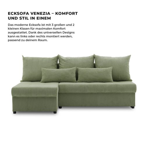 Venezia sarokkanapé, kordbársony, univerzális oldal, hab töltet, zöld