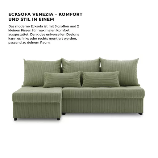Venezia sarokkanapé, kordbársony, univerzális oldal, hab töltet, zöld