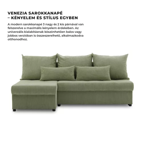Venezia sarokkanapé, kordbársony, univerzális oldal, hab töltet, zöld