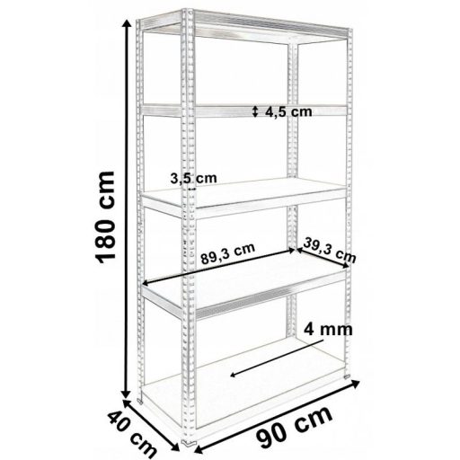 Álló polc, fém, 180X90X40, 175 kg / polc