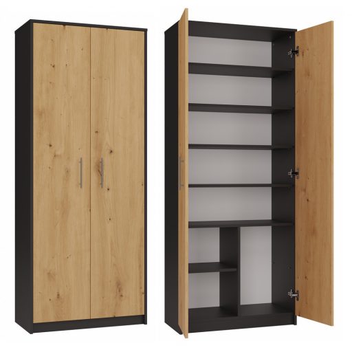 MIX Oliv 2D könyvespolc, irodai szekrény, 74x180x35 cm, antracit-tölgy