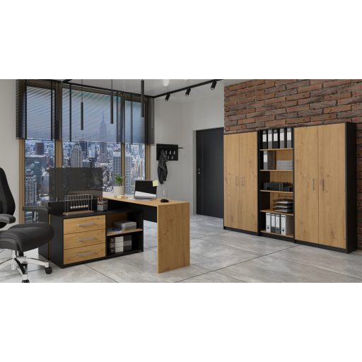 MIX Oliv 2D könyvespolc, irodai szekrény, 74x180x35 cm, antracit-tölgy