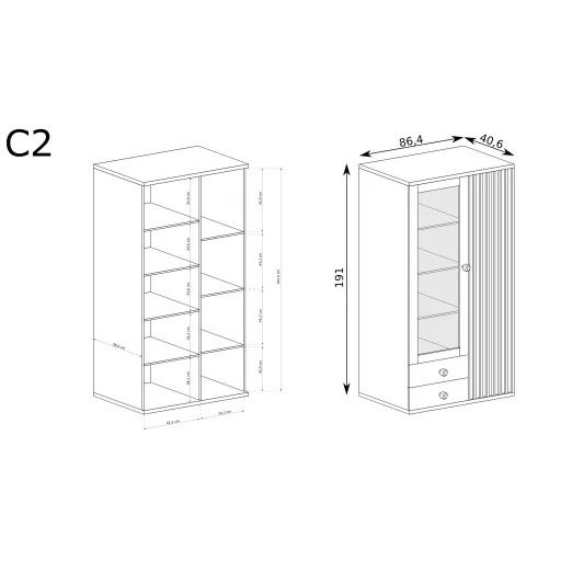 Cali C-2 vitrin, tölgy, (fekete fém lábak és LED-ek nélkül)
