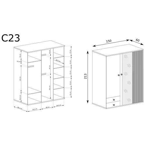 Cali C-23 gardróbszekrény, tükrös, tölgy