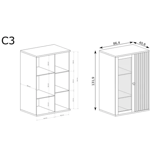 Cali C-3 komód-vitrin, tölgy, (fekete fém lábak és LED-ek nélkül)
