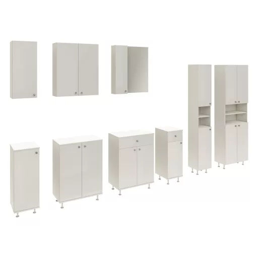 Zaria 2 ajtós fürdőszobai magasszekrény, Fényes fehér / Fehér, MDF, 30 x 27 x 190 cm