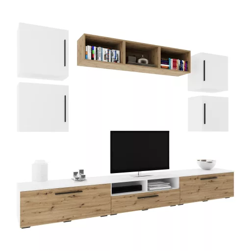 Kos V3 nappali szekrénysor, Fehér / Artisan tölgy, 285 cm