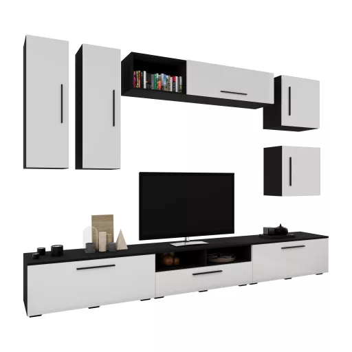 Kos V1 nappali szekrénysor, Fekete / Fényes fehér, MDF, 285 cm