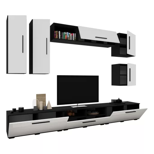 Kos V1 nappali szekrénysor, Fekete / Fényes fehér, MDF, 285 cm