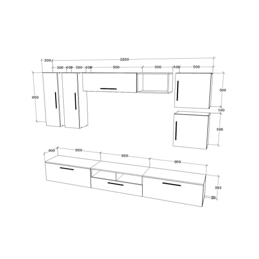 Kos V1 nappali szekrénysor, Fekete / Fényes fehér, MDF, 285 cm