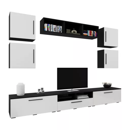 Kos V3 nappali szekrénysor, Fekete / Fényes fehér, MDF, 285 cm