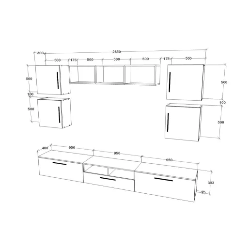 Kos V3 nappali szekrénysor, Fekete / Fényes fehér, MDF, 285 cm