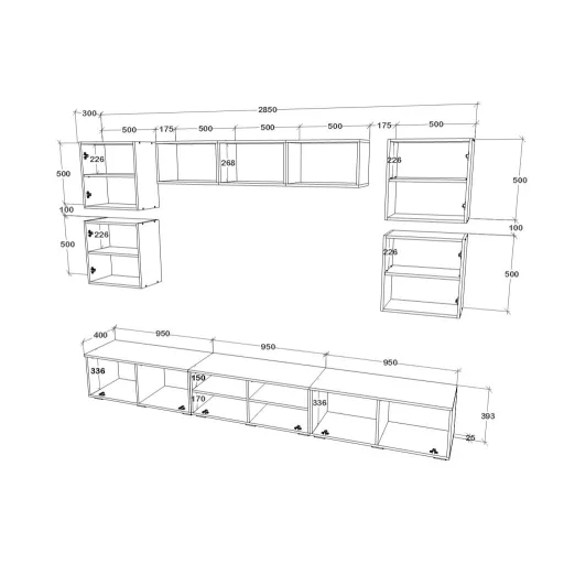 Kos V3 nappali szekrénysor, Fekete / Fényes fehér, MDF, 285 cm