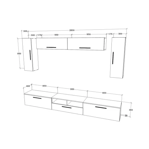 Kos V6 nappali szekrénysor, Fekete / Fényes fehér, MDF, 285 cm