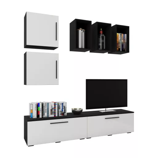 Kos V8 nappali szekrénysor, Fekete / Fényes fehér, MDF, 190 cm