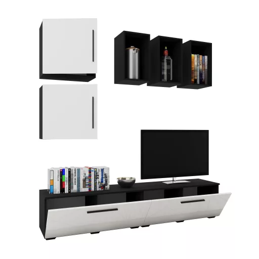Kos V8 nappali szekrénysor, Fekete / Fényes fehér, MDF, 190 cm