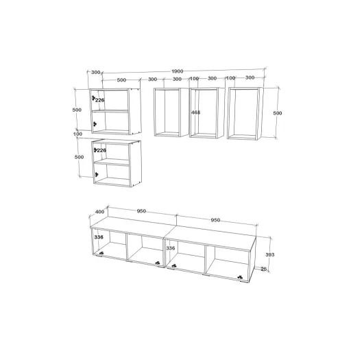 Kos V8 nappali szekrénysor, Fekete / Fényes fehér, MDF, 190 cm
