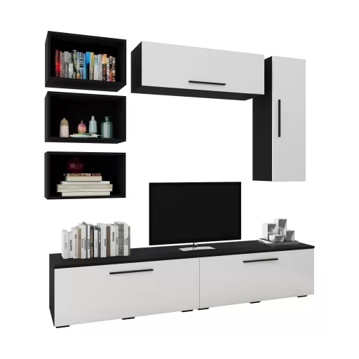 Kos V14 nappali szekrénysor, Fekete / Fényes fehér, MDF, 190 cm