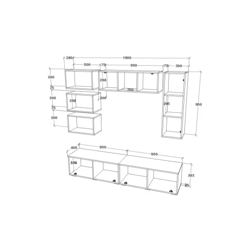 Kos V14 nappali szekrénysor, Fekete / Fényes fehér, MDF, 190 cm