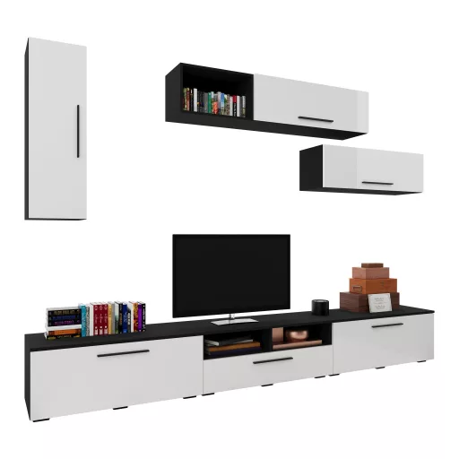 Kos V19 nappali szekrénysor, Fekete / Fényes fehér, MDF, 285 cm