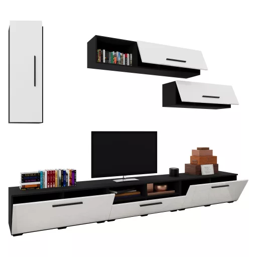 Kos V19 nappali szekrénysor, Fekete / Fényes fehér, MDF, 285 cm