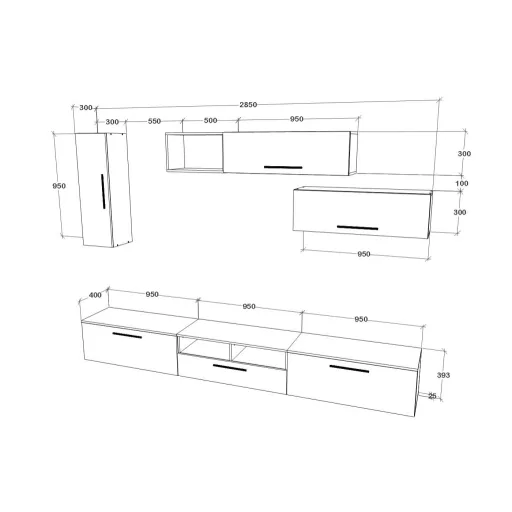 Kos V19 nappali szekrénysor, Fekete / Fényes fehér, MDF, 285 cm