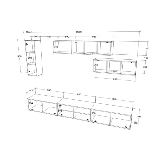 Kos V19 nappali szekrénysor, Fekete / Fényes fehér, MDF, 285 cm